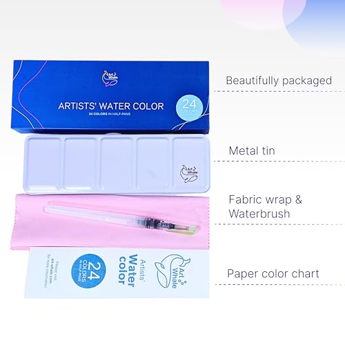 Watercolor Paint Set 24 Colors in Half-Pans|Tin Box&Waterbrush|Pro-Grade Pigments - size: 24 Count (Pack of 1)