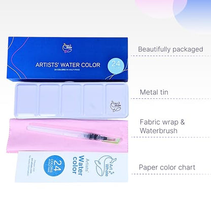 Watercolor Paint Set 24 Colors in Half-Pans|Tin Box&Waterbrush|Pro-Grade Pigments - size: 24 Count (Pack of 1)