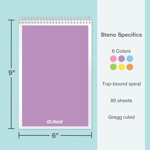 Oxford Steno Spiral Notebooks, Top Bound Steno Pads, 6x9 Inches, Gregg Ruled for Lists, White Paper, Asst. Pastel Covers, 80 Sheets, 6 Pack (1007112)