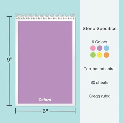 Oxford Steno Spiral Notebooks, Top Bound Steno Pads, 6x9 Inches, Gregg Ruled for Lists, White Paper, Asst. Pastel Covers, 80 Sheets, 6 Pack (1007112)