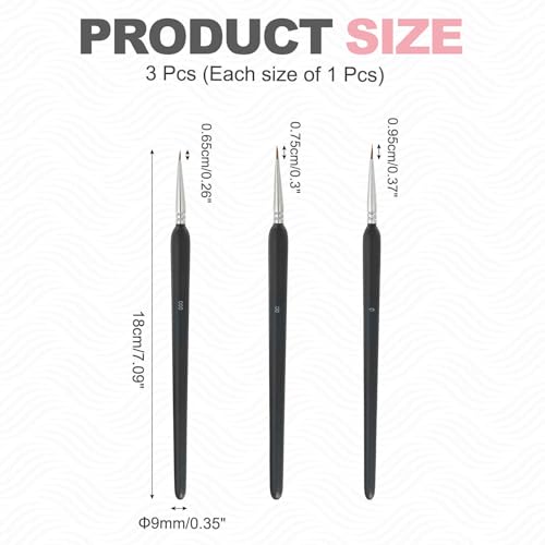 MECCANIXITY 3 Pcs Detail Paint Brushes Set, 6.5mm/7.5mm/9.5mm Fine Pointed Tip Miniature Paint Brushes for Acrylic Painting Oil Watercolor(000/00/0), Black - color: Black