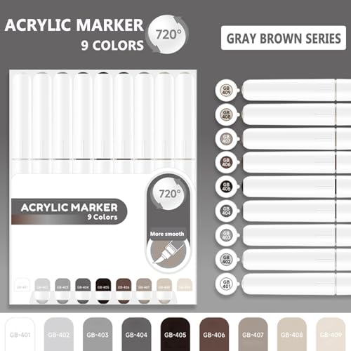 Water Based Acrylic Paint Markers Gray, 9 Colors Paint Pen Set | Gray Brown Series, Soft Brush Tip, Smooth Writing, Marker Pen for Rock Painting, Egg, Wood, Glass, Mugs, Black Paper - color: Gray Brown Series