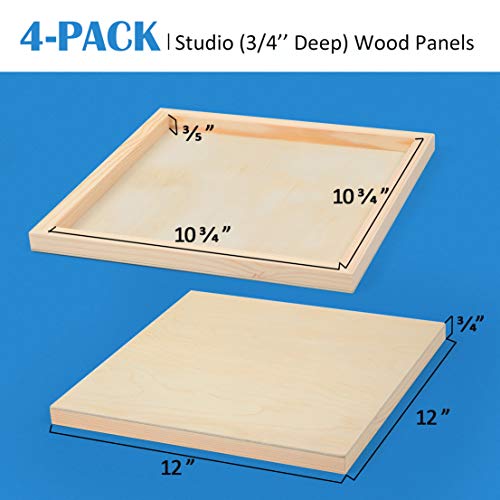 4 Pack 12x12’’ Unfinished Birch Wood Panels Kit for Painting | Studio 3/4’’ Deep Wooden Canvas, Cradle Boards for Acrylic Pouring, Art, Crafts, Epoxy Resin, Laser Engraving Cutting - size: 12'' x 12'' Studio