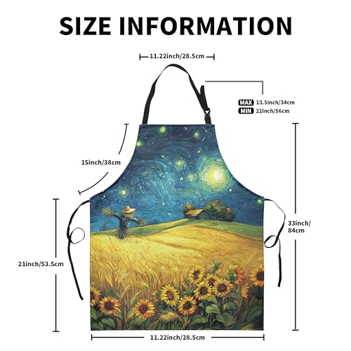 Fall Aprons Golden Sunflower Wheat Field Under Van Gogh Starry Night Apron with Pockets Adjustable Strap Autumn Kitchen Chef Apron Art Apron for Painting Crafting Cooking Barbecue Sewing - color: Fall Starry Night