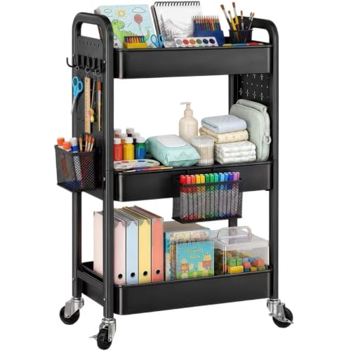 3 Tier Black Rolling Storage Cart Metal with DIY Pegboard and Wheels | Three Tiered Art Supply Organizer Cart, Utility Hobby Carts for Craft, Snack, Diaper Caddy, Nail, Baby Essentials, Snack - color: Black