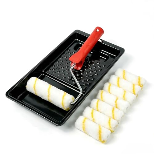 Paint Roller Kit 10 Piece, 4 Inch Microfiber Paint Roller Frame with Mini Plastic Paint Tray, House Painting Supplies, High Absorbency, Reusable & Easy to Clean
