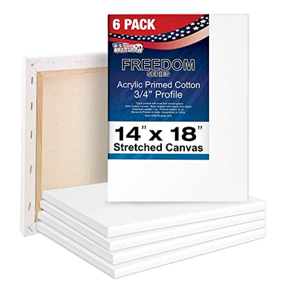 U.S. Art Supply 14 x 18 inch Stretched Canvas for Painting, 12oz Triple Primed, 6-Pack - Professional Artist Quality White Blank 3/4" Profile, 100% Cotton, Heavy-Weight Gesso - Acrylic Pouring, Oil - size: 14" x 18"