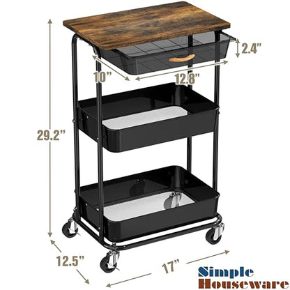 Simple Houseware 3-Tier Utility Cart with Drawer & Wood Top, Rustic Brown - color: Rustic Brown