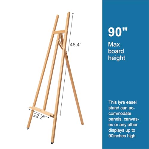 A-Frame Wooden Display Easel, Lyre Beechwood Studio Easel Stand, Natural | Adjustable Holding Canvas Up to 90", Inclinable Artist Floor Painting Easel for Artwork Painting - color: Natural