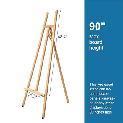 A-Frame Wooden Display Easel, Lyre Beechwood Studio Easel Stand, Natural | Adjustable Holding Canvas Up to 90", Inclinable Artist Floor Painting Easel for Artwork Painting - color: Natural