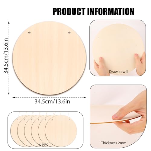 DIYDEC 6 Pack Wood Circles for Crafts 14 Inch Unfinished Wood Slices Blank Wooden Door Hanger Sign Round Wood Discs with Bows Twine Glue Point for DIY Crafts Painting Christmas Home Holiday Decor | Round Wood Discs with Bows Twine Glue Point for DIY Craft