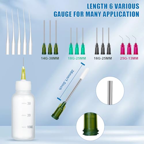 30ml Glue Precision Tip Applicator Bottle,Needle Tip Squeeze Bottle with 14ga 16ga 18ga 20ga 25ga Blunt Needle Oiler and Storage Caps - size: 30ml