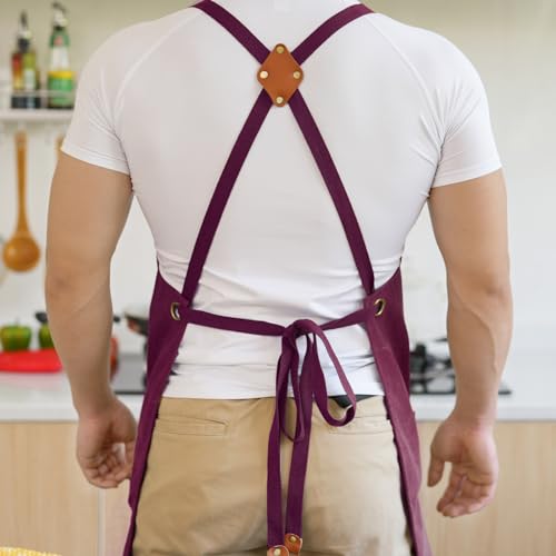 Aoomzoon Canvas Aprons for Men Chef Apron, Work Apron with Large Pockets - 16oz Heavy Duty Cross Back, BBQ, Cooking - color: Red