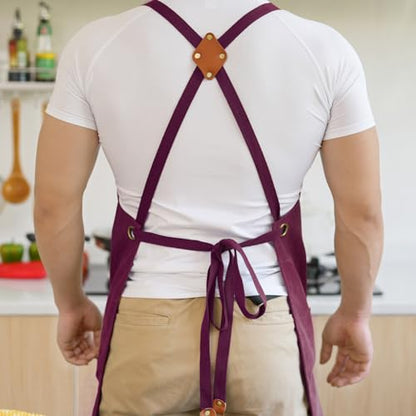 Aoomzoon Canvas Aprons for Men Chef Apron, Work Apron with Large Pockets - 16oz Heavy Duty Cross Back, BBQ, Cooking - color: Red