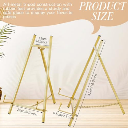Leinuosen 1 Pcs Metal Tabletop Easel Stand, Tripod Display, Gold | 16.5"H X 8.7"W X 4.3"D Easel for Picture Frame, Supports Mirrors Books Wedding Signs Plates Photos, Foldable Display - color: Gold