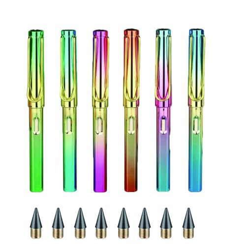 6 Sets Everlasting Pencil, Infinity Pen, NO-Sharpening Pencils for Writing Drawing Students Sustainable for Home Office School Supplies (6 Pens + 6 Erasers + 8 Replaceable Nibs) - color: Dazzle