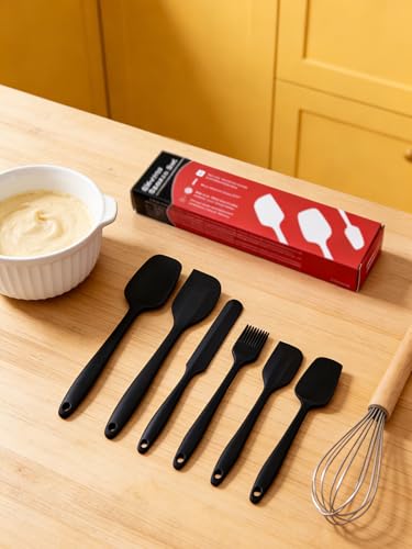 6 Pieces Silicone Spatula Set - Heavy Duty Kitchen Cooking Serving Utensils, Non-Stick Silicone Cooking Utensils Set, Kitchen Utensil Set with Oil Brush, Jar Spatula & Mini Spatulas (Black) - color: Black
