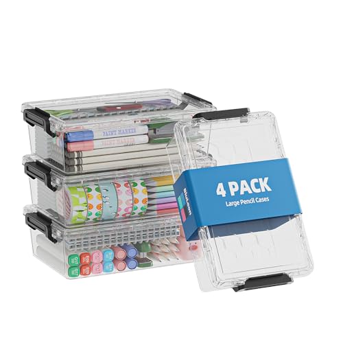 BiuLeon 4 Pack Extra Large Pencil Box, Plastic Pencil Case Organizer, Clear Crayon Box Marker Organizer, Stackable Craft Organizers and Storage for Pen, Craft, Art Supply(Black) - color: Black