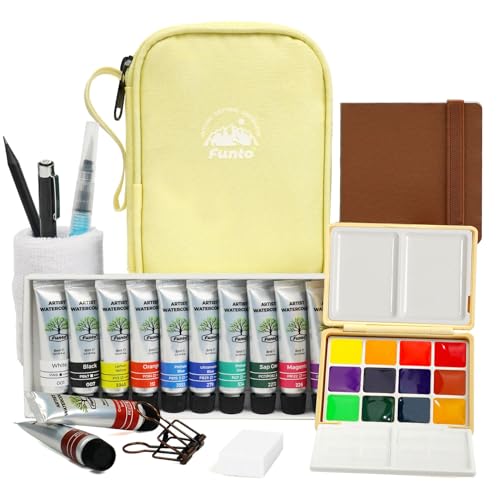 Funto Travel Watercolor Paint Set, Oversized Rectangular 12-Grid Empty Pan & Ample Blending Space with 12 Refillable Tubes，Mini Watercolor Travel Set with Water Brush & Sketchbook, Crossbody Bag for Beginners, Plein Air & Gifts - color: Cookie Yellow
