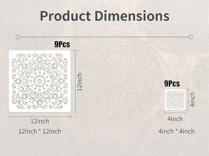 18 Pcs Mandala Stencils Set (12Inch + 4Inch), Reusable Large & Small Mandala Painting Stencils for Painting on Wood, Wall, Canvas, Rock, Furniture, Tile, Floor, DIY Art Craft Decor