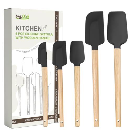 Silicone Spatula Set, Food Grade Rubber Spatula-5 Piece Nonstick Rubber Spatulas, Spoonula, Jar Scraper for Cooking, Baking, Mixing, Frosting - Heat Resistant Up to 600°F (5 Pcs Black) - color: Deep Black