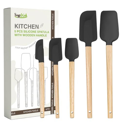 Silicone Spatula Set, Food Grade Rubber Spatula-5 Piece Nonstick Rubber Spatulas, Spoonula, Jar Scraper for Cooking, Baking, Mixing, Frosting - Heat Resistant Up to 600°F (5 Pcs Black) - color: Deep Black