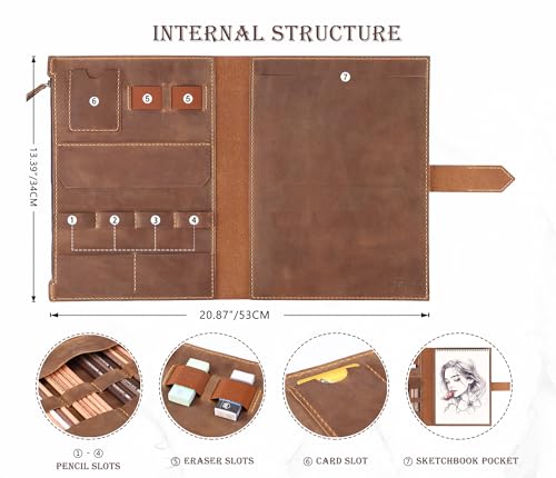 Fasjosma Leather Sketchbook Cover for A4/9"x12" Top Spiral Bound Sketch Pads - Handmade Genuine Leather Artist Case with Pencil Holder & Zipper Pocket, Professional Drawing Supplies(Brown, 9“ x 12 ") - color: Brown, size: 9“ x 12 "
