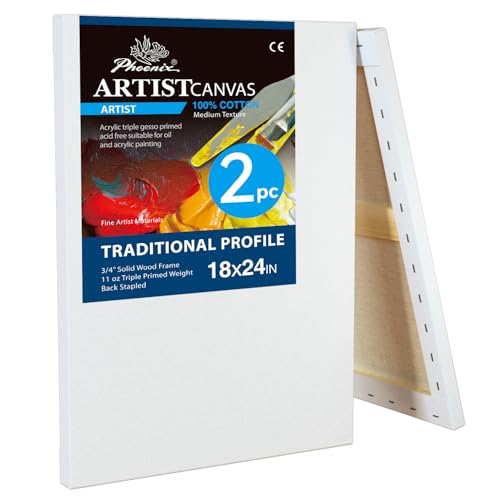 PHOENIX 18x24 Inch 2 Pack Artist Canvas - Large Stretched Canvases for Painting - 3/4 Inch Profile, 100% Cotton 11 Oz. Gesso Primed White Blank Professional Canvas Oil & Acrylic Paints - size: 18"x24", style: Traditional