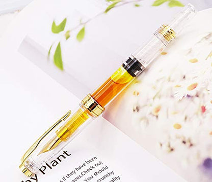 Lanxivi Yongsheng 3011 Demonstrator Clear Classical Fountain Pen Fine Nib Arrow Clip, Piston Filling System, Gold Trim, Set of 4 Pieces in transparent Color - color: 3011, F