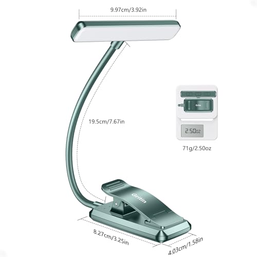 Gritin 19 LED Rechargeable Book Light for Reading in Bed | Eye Caring 3 Color Temps,Stepless Dimming Brightness,Memory Function,90 Hrs Runtime Lightweight Clip on Light-Blackish Green - color: Blackish Green