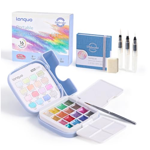Mini Watercolor Paint Set 16 Colors, Travel Art Kit All-in-One | 3 Water Brush Pens, 1 Detail Pen, 2 Palettes, 1 Watercolor Book, 1 Bottle, for Travel, Outdoor Sketching (Pearl Color) - color: Pearl Color
