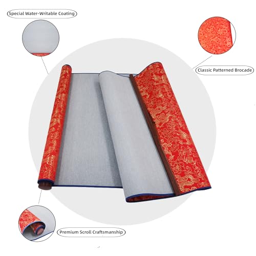 Ellkee 4 Pcs Reusable Chinese Calligraphy Water Writing Cloth, Inkless Calligraphy Practice Paper with 2 Brushes, Water-Based Writing Cloth for Beginners (6 Items) (Red)