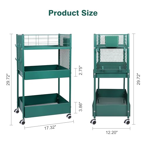 3 Tier Rolling Storage Cart Metal Utility Cart with Wheels | Office Organizer with Hooks & Hanging Cups, Mobile Shelving Unit for Kitchen Nursery Craft Snack Book - color: Emerald Green