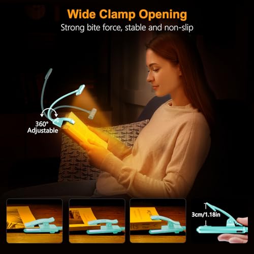 Gritin 19 LED Rechargeable Book Light for Reading in Bed | Eye Caring 3 Color Temps,Stepless Dimming Brightness,Memory Function,90 Hrs Runtime Lightweight Clip on Light-Blue - color: Blue