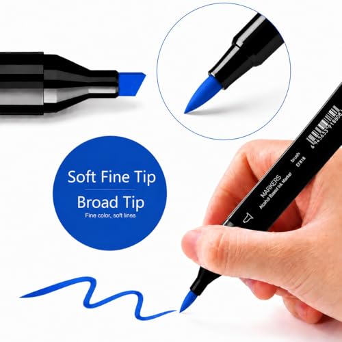 Arhomet 6 Pack Blue Alcohol Markers, Double Tipped Soft Fine Tips and Brush Permanent Art Markers for Drawing Sketching Coloring (Blue) - color: Blue