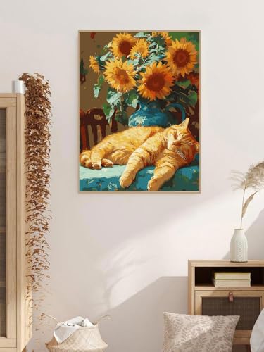 ZRIZQ Paint by Numbers Kit for Adults Beginner,Cat Sleeping Sunflower,12x16 | Full set with wooden brushes,rolled canvas,rich paints.Calming activity.Beginner friendly.Just open and paint. - color: 12"X16"Rolled Canvas(Frameless)-Sunflowers Cat