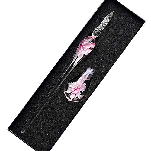 Crystal Glass Intarsia Dip Pen Fountain Pen Kit Vintage Calligraphy Signatures Pen, Pink - color: Pink