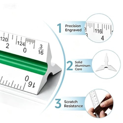 Lakei Architectural Scale Ruler, 12‘’ Aluminum Alloy Drawing Scale,Silvery | Laser-Etched Aluminum Architect Triangular Ruler for Architects, Students, Draftsman, 1Pack - color: Silvery