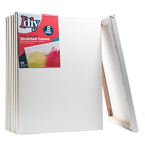 iDIY Stretched Canvas Board 11 x 14 (Set of 8) 5/8" - Classic White Blank, Pre Primed for Oils or Acrylics, 100% Cotton, Acid Free - Professional Grade for Painting or Art Project, Craft, Mixed Media - size: 11 x 14 inches (set of 8)