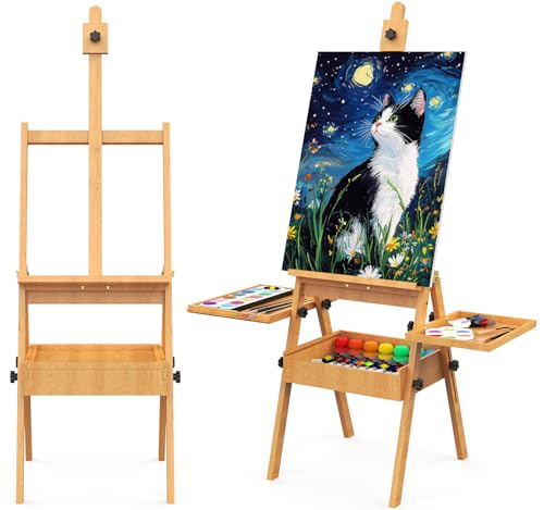 Large Beech Wood H-Frame Easel, Professional Painting Easel with 2 Palette - color: Natural