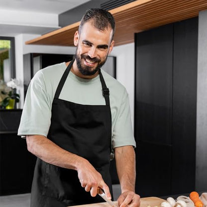 Adjustable Bib Apron 100% Polyester Kitchen Aprons Waterdrop Resistant Aprons with Adjustable Strap, Pockets & Long Ties - color: Black, style: Pack of 2