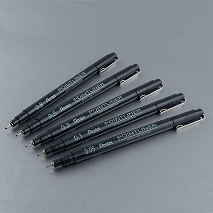 Pentel Arts Pointliner Drawing Pen, 5-Pack, Assorted Sizes, Black Ink (S20PBP5A)