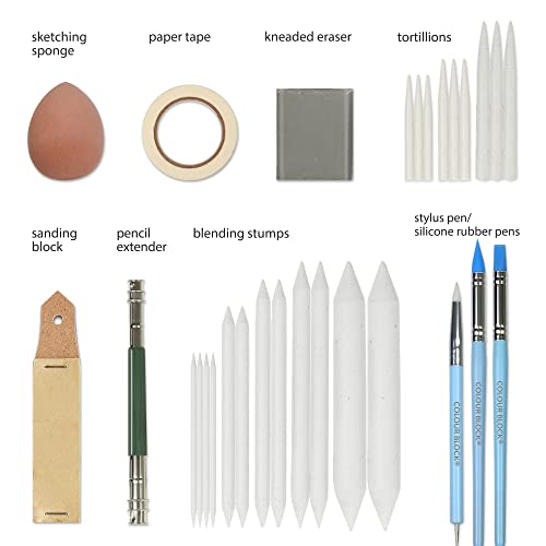 COLOUR BLOCK 130pc Soft Pastel Set & Blending Tools I Wooden Case Chalk Pastels & Versatile Sketching Tools, Drawing Art Blenders for Beginners and Experienced Charcoal Artists