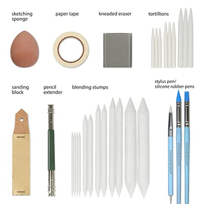 COLOUR BLOCK 130pc Soft Pastel Set & Blending Tools I Wooden Case Chalk Pastels & Versatile Sketching Tools, Drawing Art Blenders for Beginners and Experienced Charcoal Artists