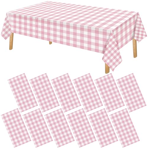 FuWeave 12 Pcs Pink and White Checkered Tablecloths Disposable Plastic Gingham Table Cloths Waterproof Rectangle Plaid Table Cover for Wedding Picnic Birthday Party Decor, 54 x 108 Inch - style: Pink plaid
