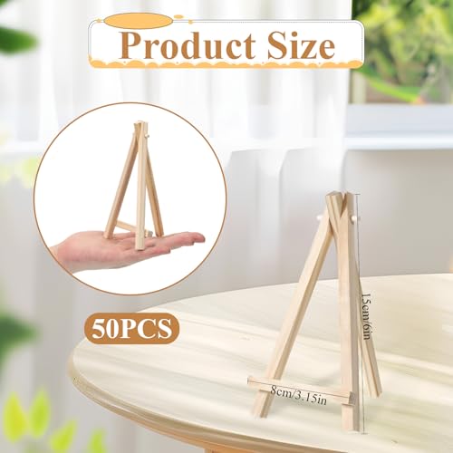 50 Pack 6 Inch Mini Wooden Display Easel, Natural Wood Tabletop Easel Stand for Painting, Small Artist Easel for Canvas Photos Cards Crafts