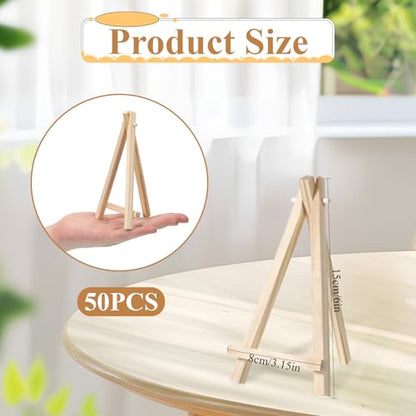 50 Pack 6 Inch Mini Wooden Display Easel, Natural Wood Tabletop Easel Stand for Painting, Small Artist Easel for Canvas Photos Cards Crafts