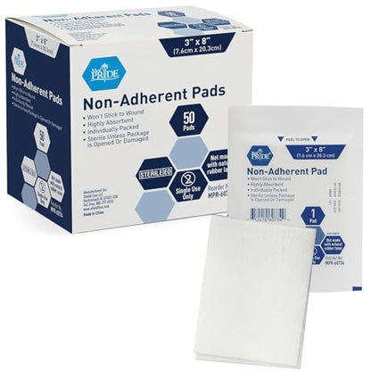 MED PRIDE Sterile Nonstick Pads for Wound Care, Absorbent Non-Adherent, Painless Removal, Individually Wrapped (3x8 Inch (Pack of 50)) - size: 3x8 Inch (Pack of 50)