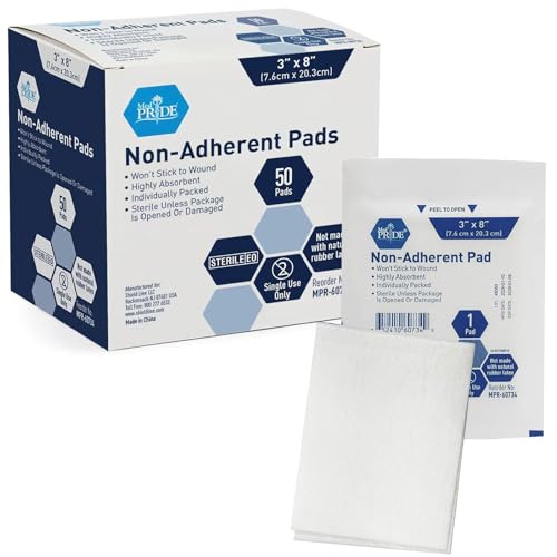 MED PRIDE Sterile Nonstick Pads for Wound Care, Absorbent Non-Adherent, Painless Removal, Individually Wrapped (3x8 Inch (Pack of 50)) - size: 3x8 Inch (Pack of 50)