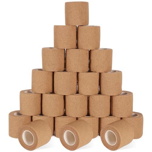 24 Pack Self Adhesive Bandage Wrap, 2” x 5 Yards Cohesive Medical Tape Elastic Grip Tape Sports Tape Athletic for Ankle, Wrist Sprains, Pet First Aid (Brown, 2 Inch) - color: Brown, size: 2 Inch